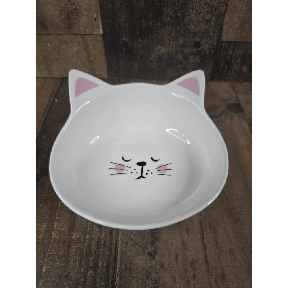 White Ceramic Cat Face Pet Bowl Pink Ears Whisker Friendly Trinket Dish Kawaii
